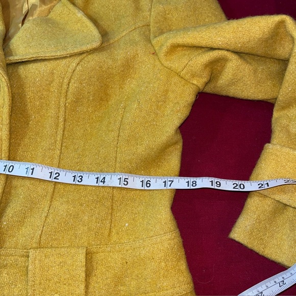Mustard WOOL Yellow Pea Coat JACKET Notched Collar Button front womens MEDIUM P - Picture 6 of 13